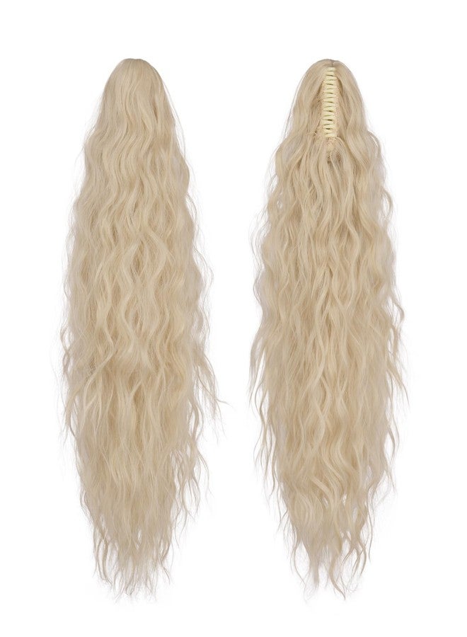 FESHFEN Claw Clip Ponytail Extensions - Long Pony Tail Hair Piece Wavy Curly Synthetic Hairpieces for Women, Platinum Blonde 26 inch - Image 2